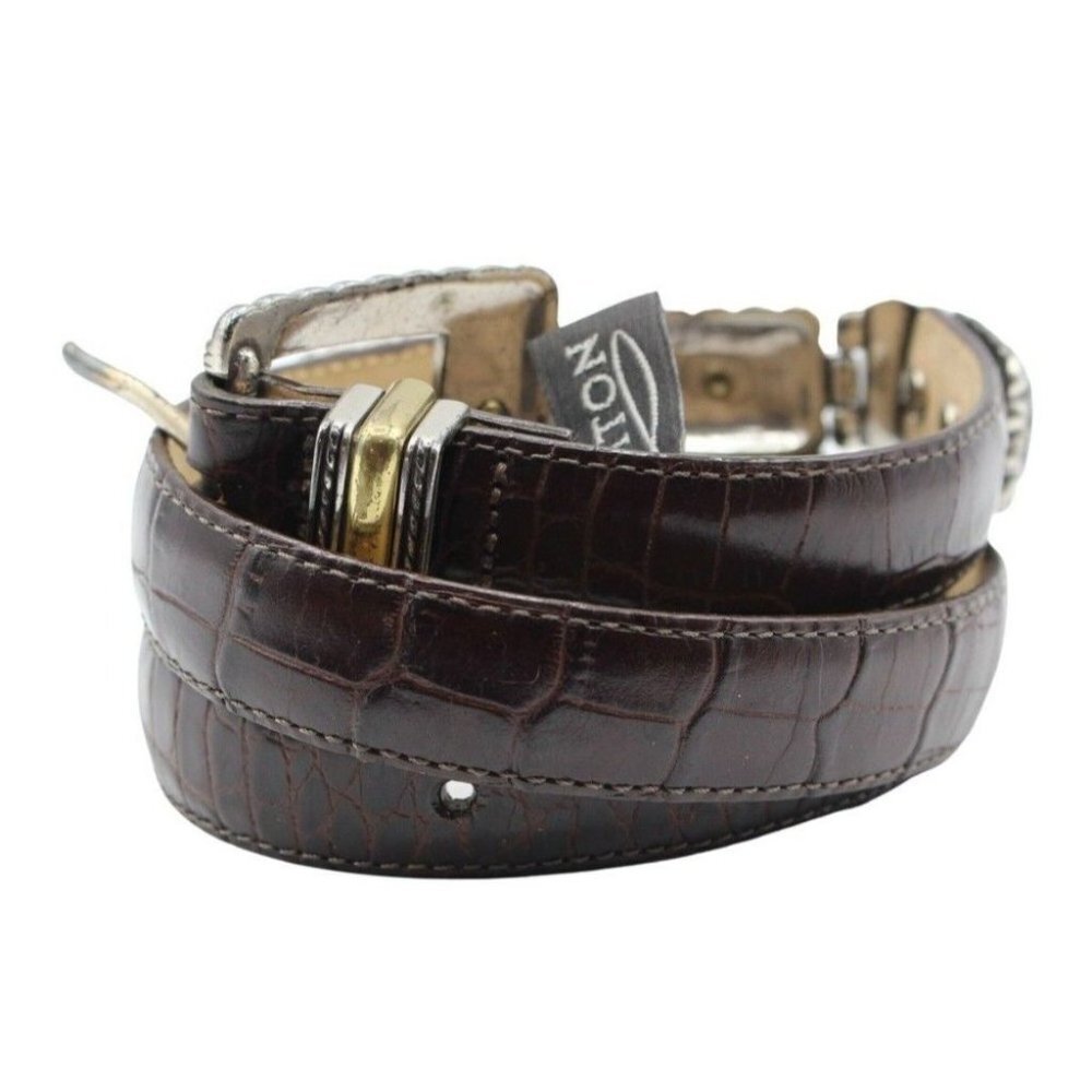 Brighton Brown Croc Grain Leather Silver Gold Hinged Belt #44209 Size M - Picture 3 of 9